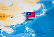 Flag of Taiwan on map.