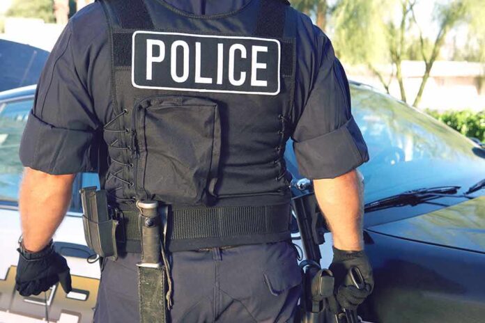 Police officer in uniform standing near a patrol car