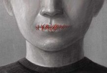 Mouth stitched shut with red thread