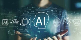 Person holding AI icons and digital interface hologram