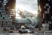 Rusted fallen statue amidst dilapidated buildings and debris
