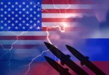 American and Russian flags with lightning and missiles