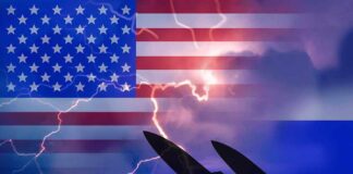 American and Russian flags with lightning and missiles