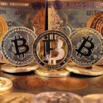 Bitcoin coins and bills displayed closely
