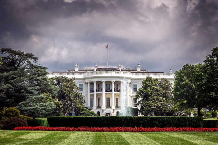 White House front view with dark clouds above