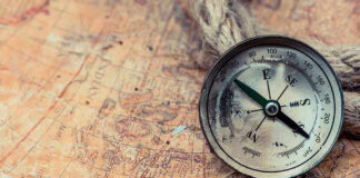 Old compass on a vintage map background