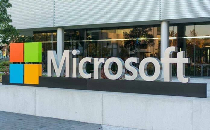 Microsoft logo displayed outside a modern office building