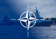 Navy ships with NATO logo overlay