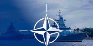 Navy ships with NATO logo overlay