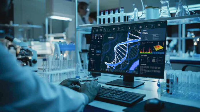 Scientist analyzing DNA on computer in laboratory