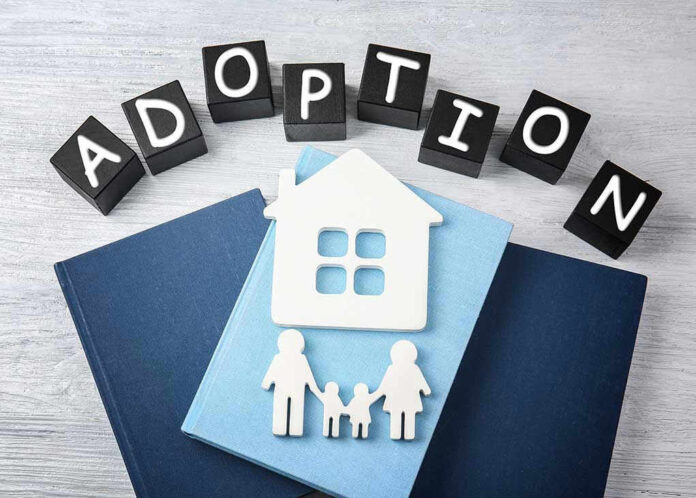 Adoption blocks, books, house, and family paper cutouts.