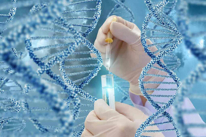 Hands with pipette and test tube surrounded by DNA strands.
