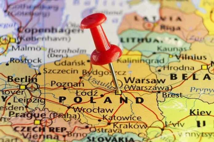 A map of Poland with a red pushpin marking the location
