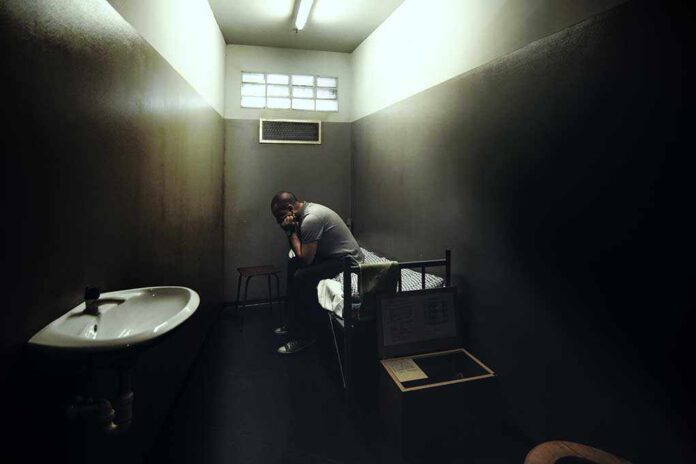 shutterstock_211646137.jpg A person sitting in a dimly lit prison cell, appearing contemplative and distressed