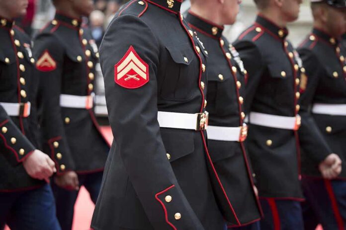 Marines in formal uniforms marching during a parade