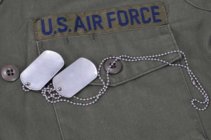 Close-up of a U.S. Air Force uniform with dog tags