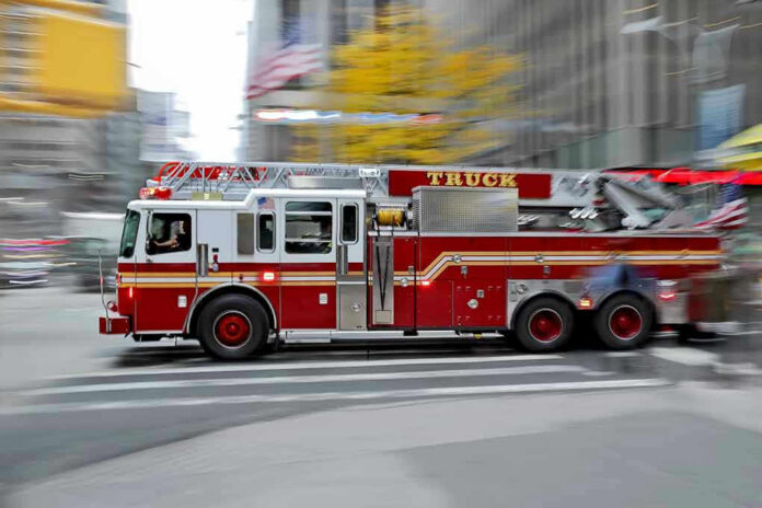 Red fire truck driving through city street crosswalk