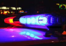 Police car lights flashing at night.