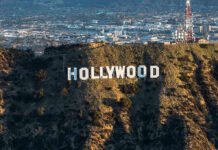 The Hollywood sign on a hillside.