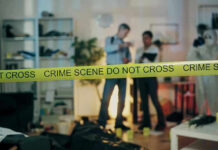 Crime scene with tape and investigators examining evidence.