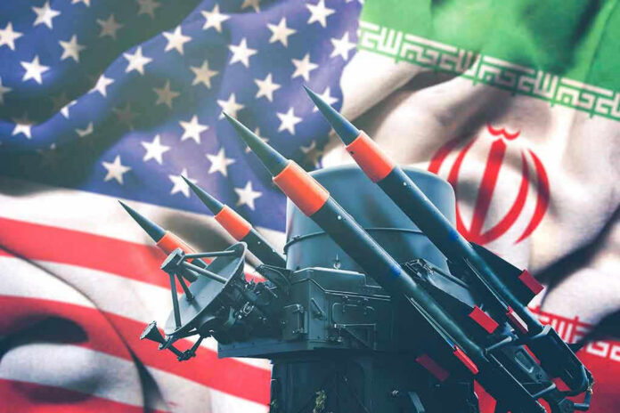 1628170834 Missiles in front of American and Iranian flags.