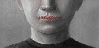 Face with mouth sewn shut in red thread