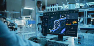 Scientist analyzing DNA on computer in laboratory