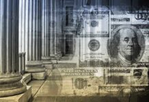 Architectural columns with a background of U.S. currency