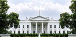 The White House with fountain and red flower bed