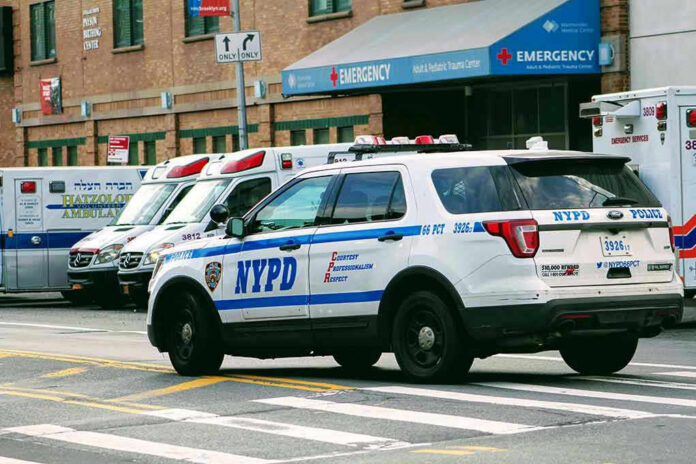 1403636321 Police car and ambulances outside emergency room entrance.