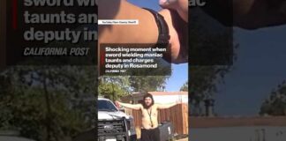 Shocking moment when sword wielding maniac taunts and charges deputy in Rosamond