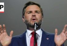 JD Vance confronts a protester during his Republican midterm convention speech