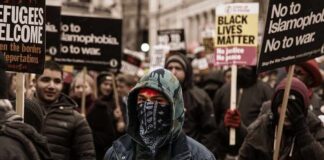 Protester wearing a bandana mask amid a crowd holding signs