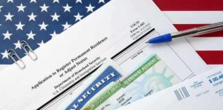 22 States Sue Trump Admin Over Green Cards immigration forms with green card and social security card on US flag background