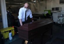 Man Collected $585,000 in Disability While Doing THIS Funeral worker in mask moving a wooden coffin on a trolley