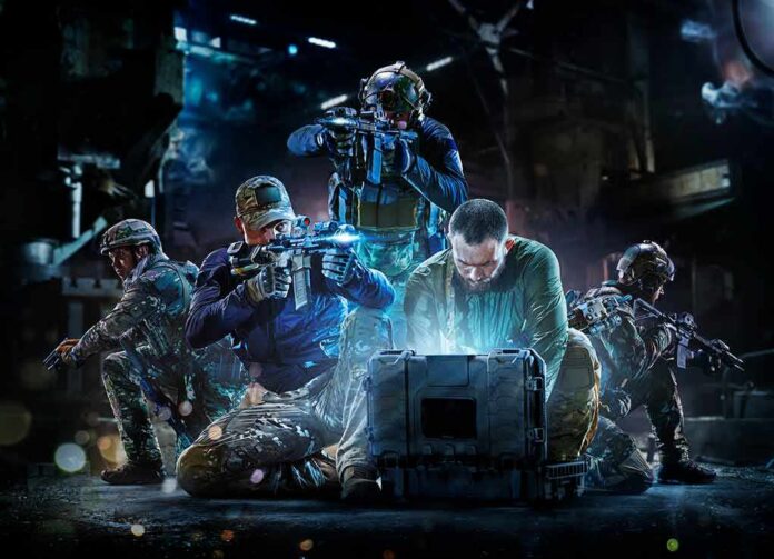 Walter Jones with a tactical team opening a glowing equipment case