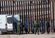 ICE Shooting Sparks Austin Fury Border agents escort a group near a tall fence and a patrol van