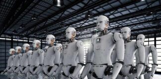 Robot Soldiers Just Took a TERRIFYING Leap Rows of humanoid robots standing in a warehouse