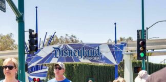 Dead Body at Disneyland Crowd walking past a Disneyland Resort entrance sign