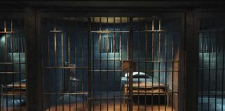 Prison cell with metal bars and a single bed
