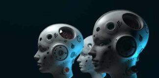 row of humanoid robots with mechanical heads in profile