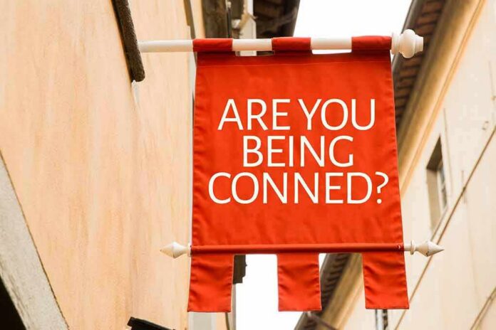 Red hanging banner with bold white text